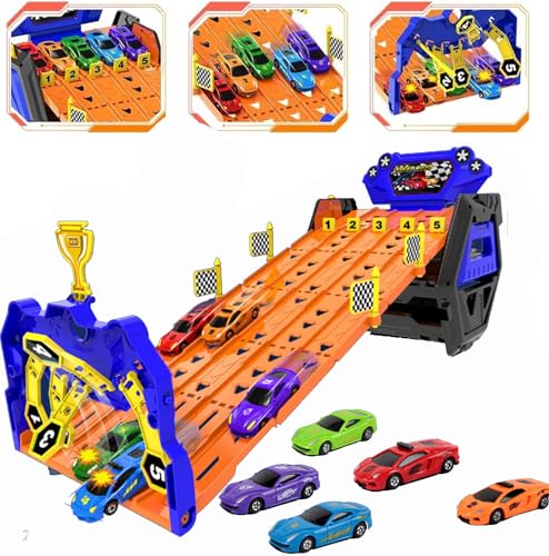 AM ANNA Toddler Toys for 3 4 5 6 Years Old Boys Birthday Gift, Portable Race Track Truck Toy Car with 5 Race Cars & 5 Tracks Transport, Best Gift Carrier Truck Vehicles Toys Set for Kids,Truck Car