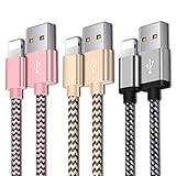 Phone Charger Cable, Charger Cord 3Pack (5FT 5FT 6.6FT) Nylon Braided Durable Charging Cable Fast Charging Compatible Phone X/Xs/Xr/8/8Plus/7/7Plus/6/6Plus/5/5SE Pad Pod & More (Pink Gold Sliver)
