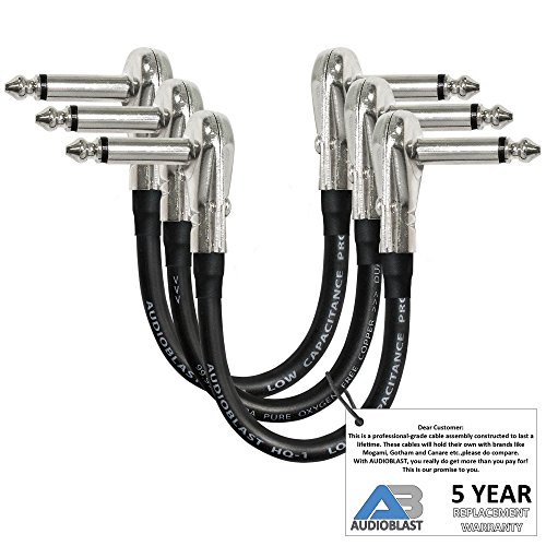 3 Units - 6 Inch - Audioblast HQ-1 - Ultra Flexible - Dual Shielded (100%) - Instrument Effects Pedal Patch Cable w/ ¼ inch (6.35mm) Low-Profile, R/A Pancake Type TS Connectors & Dual Staggered Boots