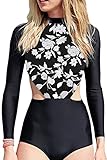 Dearlovers Women Long Sleeve Floral Swimwear One Piece Sporty Swimwsuit