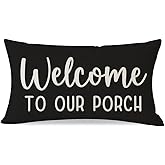 PANDICORN Farmhouse Throw Pillow Covers 12x20 Inch Welcome to Our Porch Black White Outdoor Spring Summer Patio Decorations Lumbar Decorative Cushion Case for Home Couch Front Porch Bench Decor