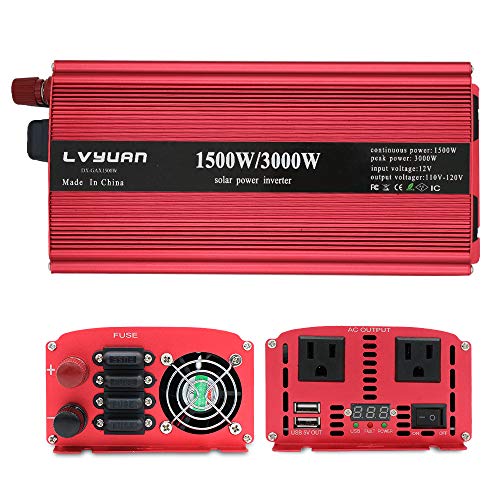 Yinleader Power Inverter 1500W/3000W(Peak) DC 12V to 110V AC with Dual AC Outlets and Dual 3.1A USB Ports for RV Caravan Truck Laptop iPad iPhone(Cables+ Replaceable Fuses)(Red)