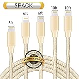 Nutmix iPhone Cable 5Pack 3FT 6FT 6FT 10FT 10FT Nylon Braided Certified Lightning to USB iPhone Charger for iPhone X/8/8 Plus/7/7 Plus/6/6 Plus/6S/6S Plus,iPad,iPod Nano 7 - Gold
