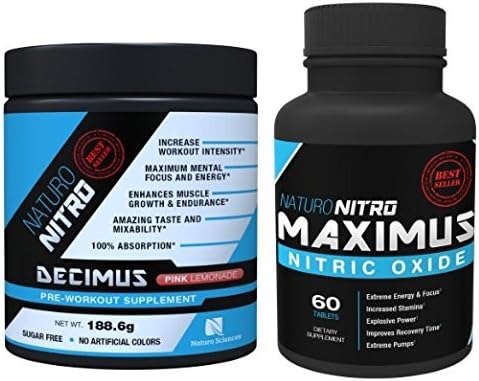 Pump Pack By Naturo Nitro, Decimus Pre-Workout and Maximus Nitric Oxide Tablets Combo Set - One Unit of Each