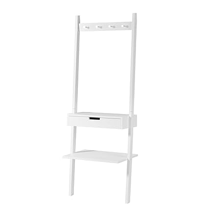 Sobuy White Ladder Shelf Drawer Hooks Hallway Shelf Coat Rack