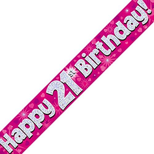 9ft Banner Happy 21st Birthday Pink Holographic, 9 ft