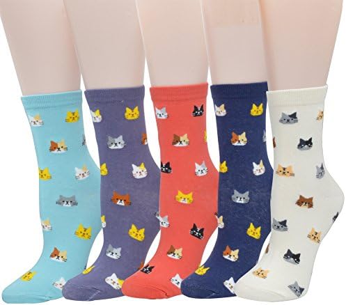 MpingT Women Girl's Lovely Cat Cartoon Pattern Casual Cotton Crew Floor Socks (Cat2-pack of 5)