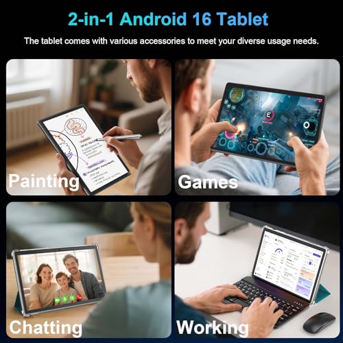 Android 16 Tablet with Keyboard, 2026 Android Tablet 10 inch, 26GB+256GB+2TB Expand, Electronic Tablet PC with Gemini, 8-Core, 8000mAh, 5G WiFi, GMS, 2 in 1 Tablet with Case/Mouse/Stylus(Black Case)