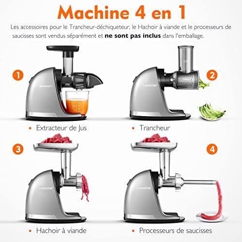 Extracteur Jus - Extracteur de Jus de Fruits et Légumes - Presses-agrumes à Froid sans BPA avec 2 Tasses et Brosse - Fonction de Mastication Inversée pour Éviter les Blocages - Argent
