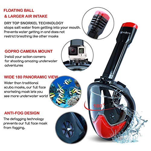 Shark's Tooth Snorkel Mask Full Face w/Compatible Action Camera Mount | 180° Panoramic Swimming View | Anti-Leak Fit & Anti-Fog Lens | Easy Breath Valves, V Backstop Technology (Black/Red, L/XL)