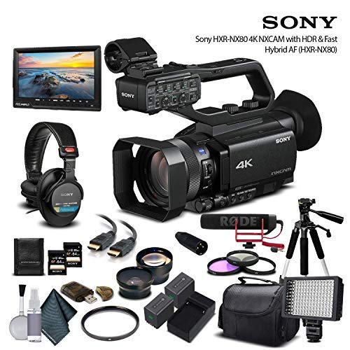 Sony HXR-NX80 Full HD XDCAM with HDR & Fast Hybrid AF (HXR-NX80) with 2-64GB Memory Card, 2 Extra Batteries, UV Filter, LED Light, Case, Tripod, Rode Mic, Headphones - Professional Bundle