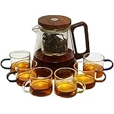 Heat - Resistant Glass Teapot Set with 6 Cups, Press - Type Removable Tea Infuser for Easy Brew & Separation, 800ML/27oz