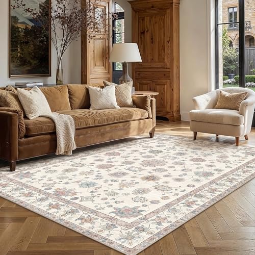 PureCozy Vintage Rug Living Room 16 x 230 cm Beige Large Room Washable in Washing Machine Non-Slip Rugs Bedroom Living Room Dining Kitchen Foot Bed Carpet Short Hair Rug