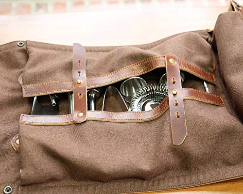 Professional Bartender Bag with Bar Tools Roll Up Bartender Set Leather and Canvas Bar Mixing Kit with Cocktail Equipment Portable Traveling Bartender Starter Kit Rolling Tool Bag - Thumbnail 2