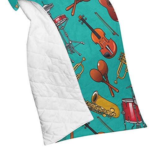 InterestPrint Musical Instruments on Turquoise Background with Drum Set, Guitar, Trumpet, Saxophone, Violin, Lyre Comforter Set Thin Quilt Lightweight Comforter