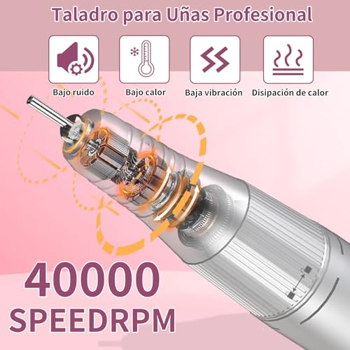 Drill Para uñas Profesional,40000RPM Taladro para Uñas Profesional,Herramienta de Manicura Pulidora con 6 tipos cabezales lijado y bandas lijado,Velocidad Ajustable,para manicura casa y salón.