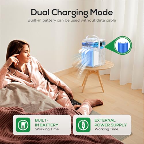 Portable Air Conditioners, 4-IN-1 Evaporative Air Cooler with App Control, 800ml Water Tank, Rechargeable Mini Air Conditioner, 3 Speeds & 3 Mist, Colorful Night Light Cooling Fan (White)