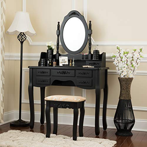 Fineboard FB-VT03-BKV Stool & Mirror Makeup 7 Organization Drawers Single Oval Mirror Make Up Vanity Table Set, Black