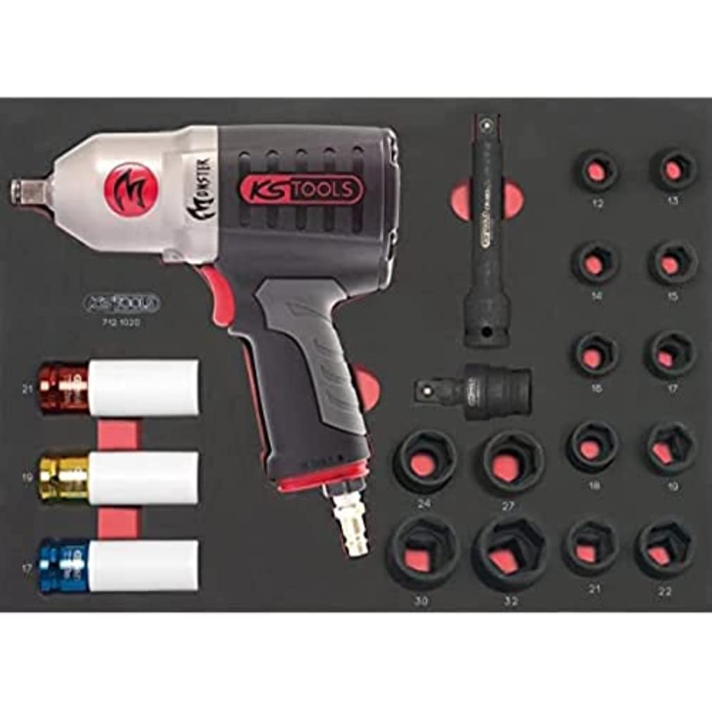 KS TOOLS - 712.1020 - Monster air Impact Wrench 1/2'' with Socket Set and Accessories - High Performance Impact nutrunner - Electric Impact Driver - Tool and Bench Module - 20 pcs