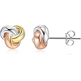 CHIC & ARTSY Love Knot Earrings 18K Gold Plated 925 Sterling Silver Tri-tone White,Yellow,Love Knot Stud Earrings Dainty 8mm 10mm High Polished Stud Earrings for Women