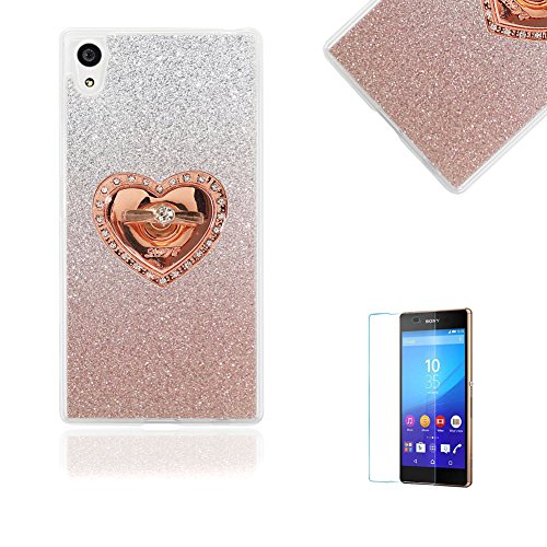 Sony Xperia XA Case [with Free Screen Protector].Funyye Soft Gel TPU Durable Scratch Resistant Glitter Rose Gold Gradual Colour Changing With Love Hearts Ring Holder for Sony Xperia XA