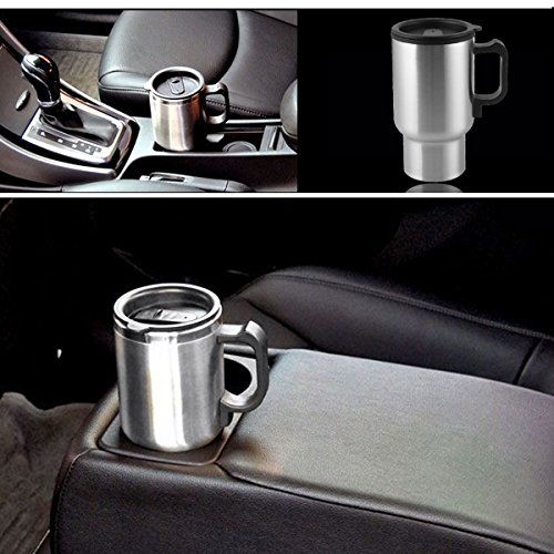 Carperipher 12V Car Heated Mug Tech Tool Stainless Steel Travel Electric Cup Vacuum Thermos Smart Temperature Control for Heating Water, Coffee, Milk and Tea with Airtight Lid, Auto Charger