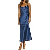 Summer Satin Spaghetti Strap Cowl Neck Backless Midi Dresses for Women Elegant Tie Low Back Ruched Cocktail Dress