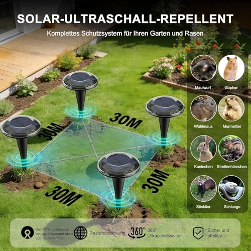 Uffylle Pack of 4 Mole Repellent, Maximum Coverage 900 m² Solar Mole Repeller Test Winner Vole Repeller Vibration Vole Repellent IP68 Mole Fence Against Moles & Voles