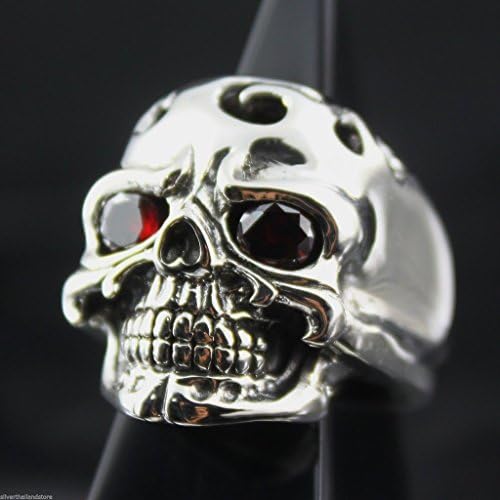 925 Sterling Silver SKULL Ring Cz RED Stone Harley Heavy Biker Fashion Men Punk Floral Skull Biker Ring Jewelry