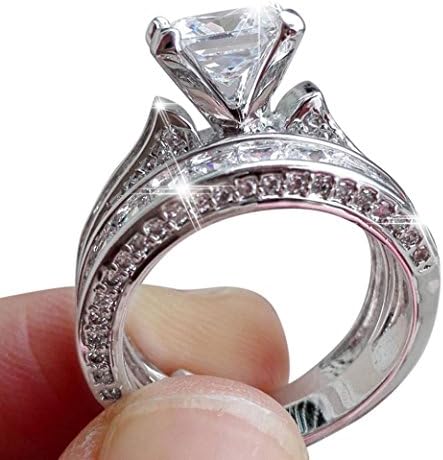 kaifongfu Womens Ring Set ,Womens 2-in-1 Vintage White Diamond Silver Engagement Wedding Band Ring Set Valentine's Day(7, Silver)
