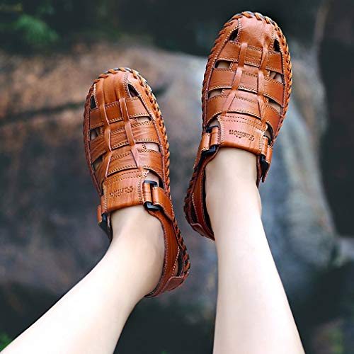 Yomiafy Men's Closed Toe Sandals Outdoor Leather Fisherman Shoes Casual Beach Sandals(Brown,US:11)