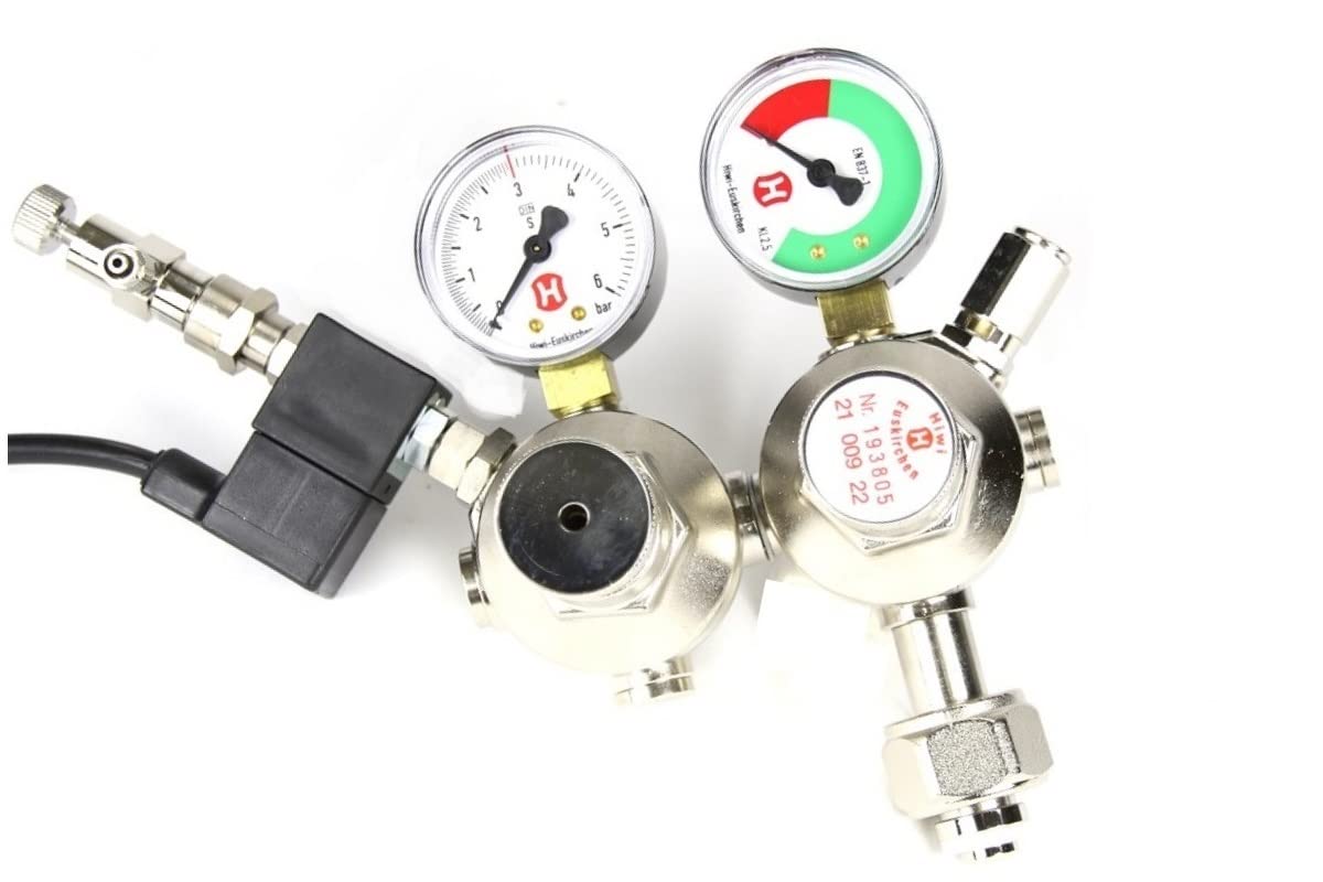 Hiwi Double chamber CO2 pressure regulator with solenoid valve and check valve, made in Germany, aquarium night shutdown
