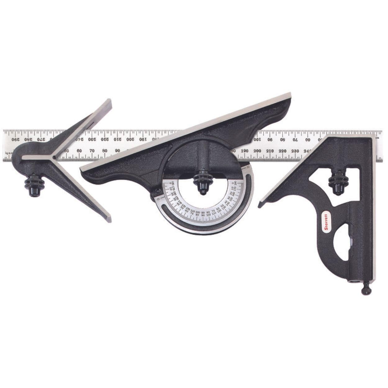 Starrett C435M-300 Cast Iron Square, Centre And Reversible Protractor Heads With Satin Chrome Blade Combination Set, Black Wrinkle Finish, 300 mm Size