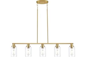 KPIOK Kitchen Island Lighting, 5-Light Modern Dining Room Light Fixtures Over Table,Farmhouse Gold Linear Chandeliers for Dining Room, Industrial Pendant Lights Fixture with Clear Glass Shade