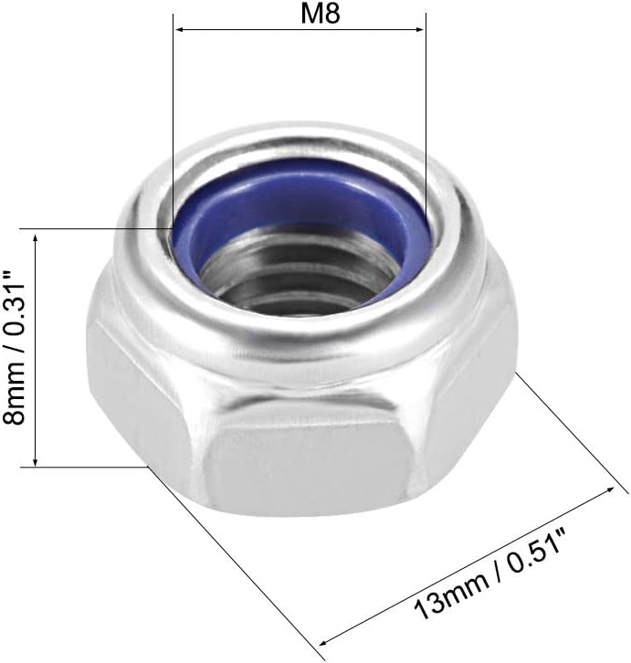 sourcing map Hex Lock Nuts - M8 x 1.25mm Stainless Steel Nylon Insert Self-Locking Nuts for Fasteners 5Pcs Silver Tone - Image 3