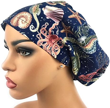 Women’s Surgical Scrub Hat Nurse Ponytail Adjustable Euro Bouffant Ocean Life DK Scrub Hats