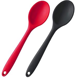 Silicone Nonstick Mixing Spoons Set 2, BPA Free and FDA Grade,High Heat Resistant, Hygienic Design Cooking Baking Spoons Set for Stirring, Mixing and Serving,Red and Black