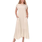 KEOMUD Women Summer Pleated Maxi Dress Casual Short Sleeve Crewneck Flowy Swing Long Dress with Pockets