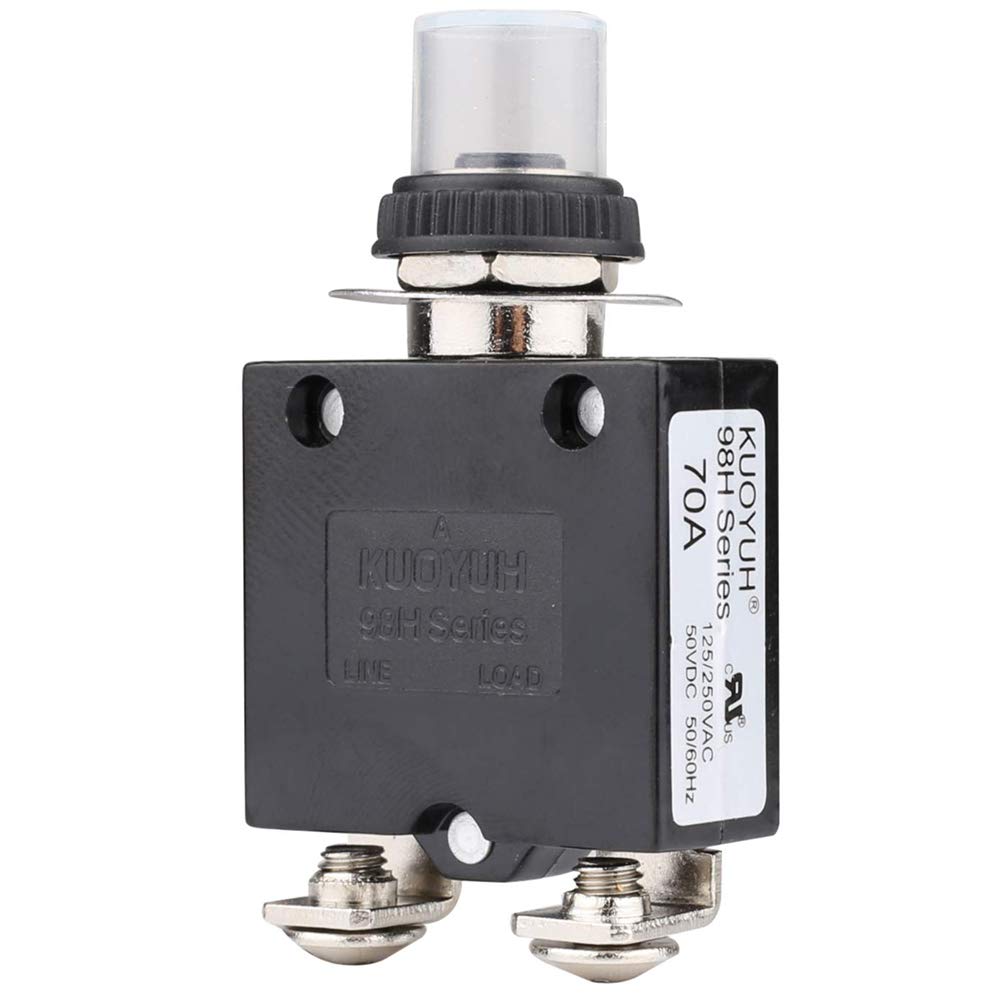 CLDIY Thermal Circuit Breaker 70A 125/250V AC 32V DC Push Button Reset Thermal Overload Circuit Breaker with Quick Connect Terminals and Waterproof Button Cover Pack of 1