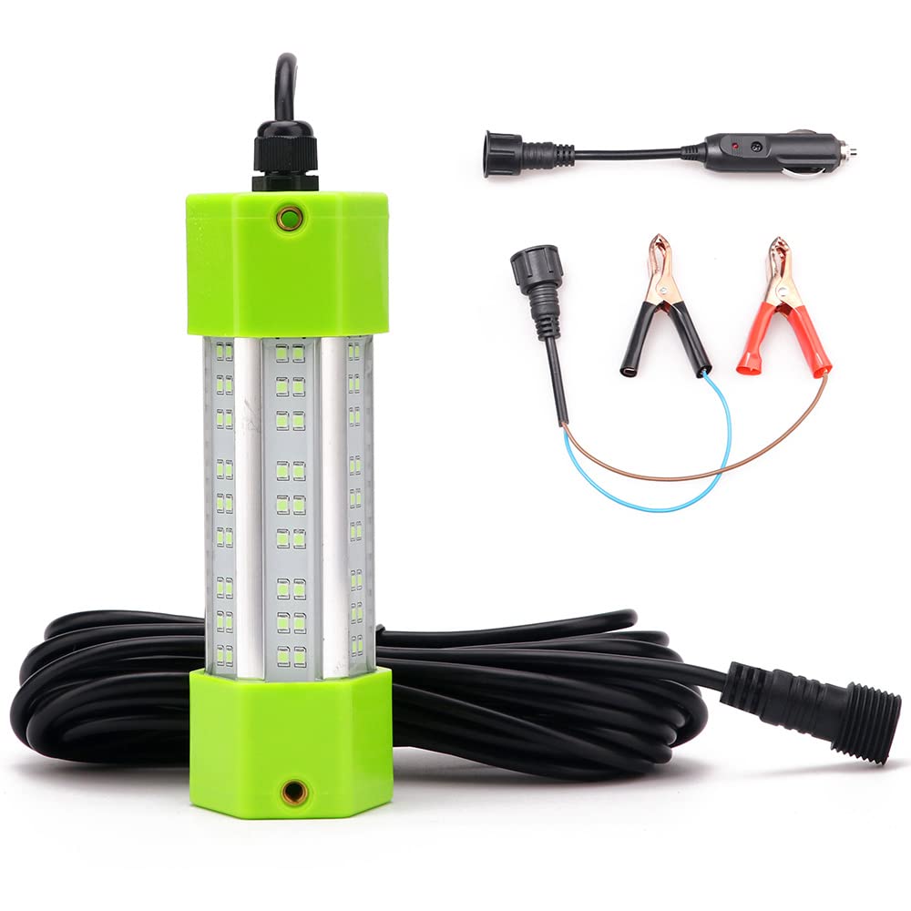 Photo 1 of 130W DC 12V IP68 Waterproof Aluminum Glowing Boat Fish Attractants Lure Green Submersible Fishing Lights LED Underwater for at Night Snook Crappie with Battery Clips Cigarette Charger Plug