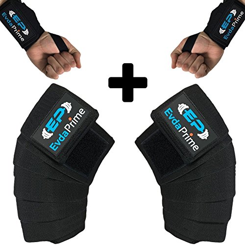Knee Wraps (Pair) and Wrist Wraps (Pair) for Squats - Cross Training Wod, Gym Workout, Weightlifting, Fitness & Powerlifting - Compression & Elastic Support - Knee Strap - Leg Wraps (Black)