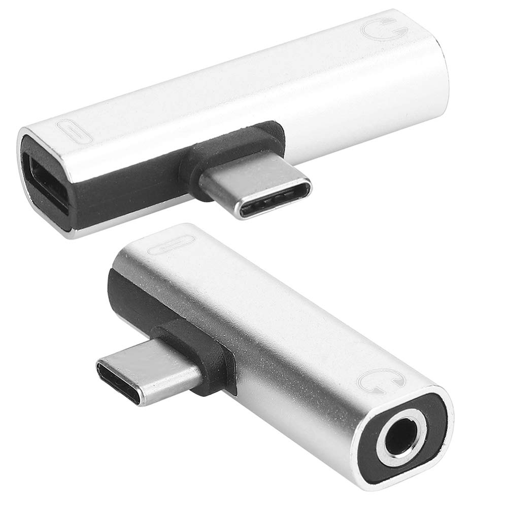 USB C to 3.5mm Headphone and Charger Adapter, 2Pcs 2 in 1 TypeC to 3.5mm Assist Audio Cable Wire Charger Headset Distributor Adapter for C Type Mobile Phone(Silver)
