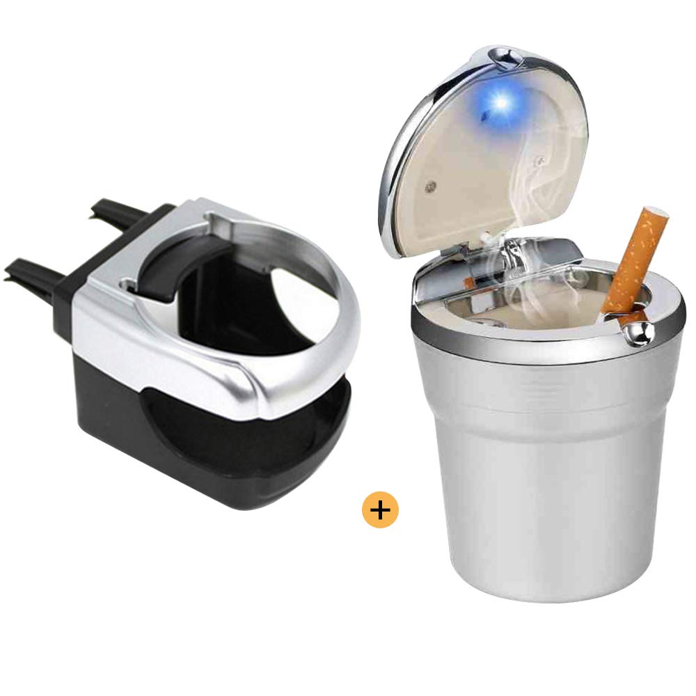 Portable Car Ashtray with Lid and LED Light, Detachable Cigarette Ashtray for Travel, Home, Office - Cup Holder, Drinks, Phone (Silver)