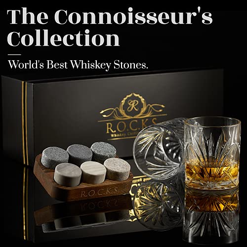 Whiskey Steine Set - 6 Handgefertigte Runde Granit Whisky Steine - 2 Whisky Gläser - Präsentations- und Aufbewahrungsbrett aus Hartholz - Whisky Geschenkset Box mit Goldfolie von Rocks – Bild 3