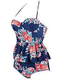 Cocoship traje de baño retro, con estampado antiguo de flores de peplo, cintura alta, para dama.