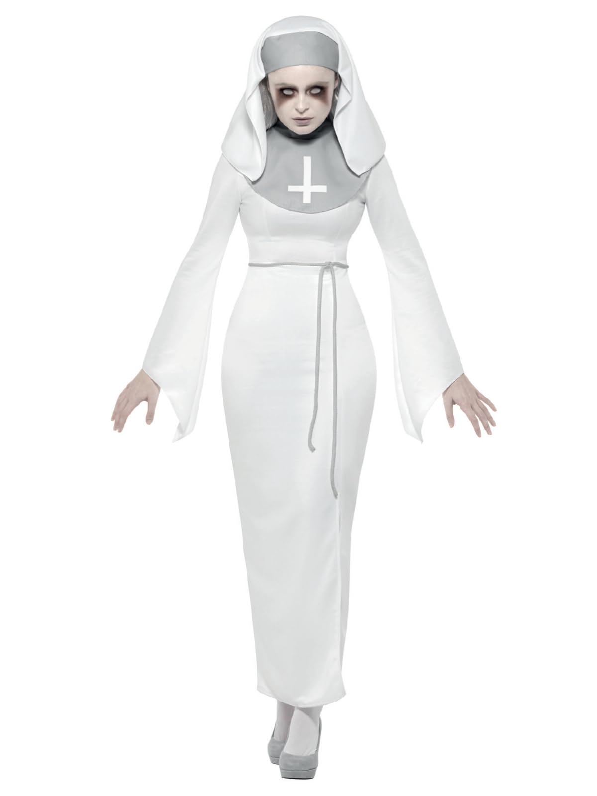 Smiffys Haunted Asylum Nun Costume, White with Dress, Belt & Headpiece, Halloween Adult Fancy Dress, Nun Dress Up Costumes