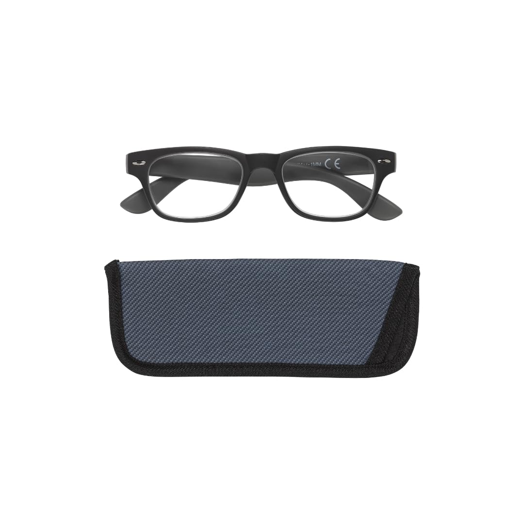 Manicare Reading Glasses For Men And Women, Comfortable Lightweight With Strong Comfort Flex Hinges, Anti-Glare Lenses, Thick Black Rimmed Frames Grey Arms With Glasses Pouch, +2.5 Strength