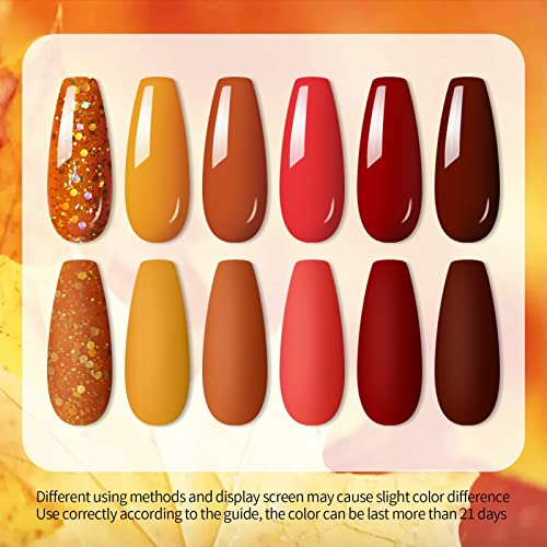 UR SUGAR Fall Winter Gel Nail Polish Set, 6 Colors Maple Pumpkin Burnt Orange Yellow Red Glitter Gel Polish Kit Autumn Halloween Thanksgiving Day Gifts Soak Off Gel Polish Nail Art Manicure Kits - Image 4
