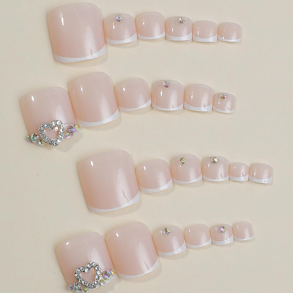 ANDGING French Tip Press on Toenails for Women White Square Toe Nail Press ons Classy Heart Rhinestone Acrylic Toe Press on Nails Natural Toenail Fake Toe Nails Designs Glue on Toe Nails for Wedding - Image 3