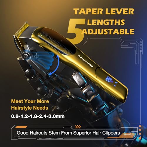 SUPRENT Men's Hair Clippers, Professional Cordless Hair Clippers with Adjustable Taper Lever and Ceramic Blade, Rechargeable, LED Display (Gold)